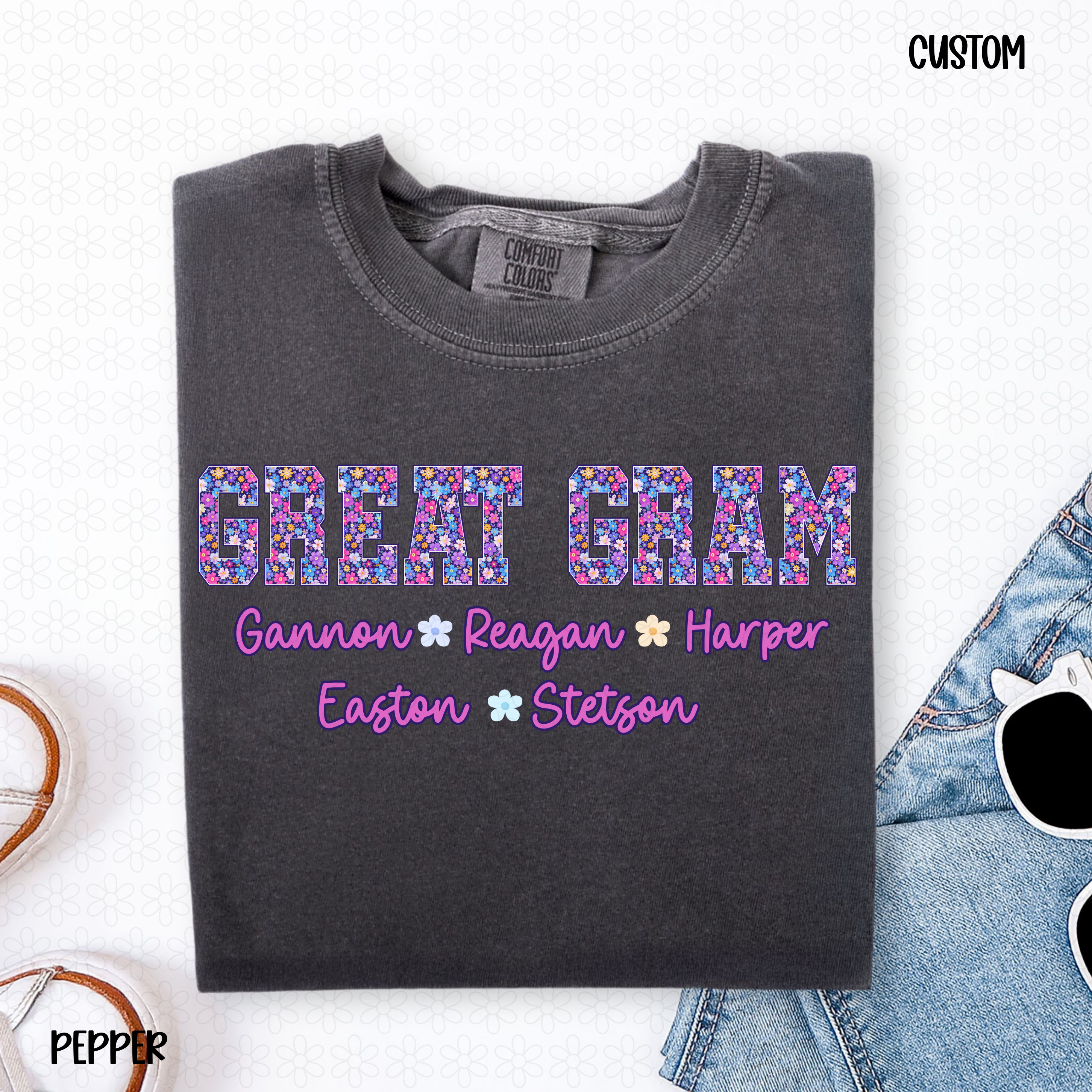 Floral Custom Name Tee - Gildan