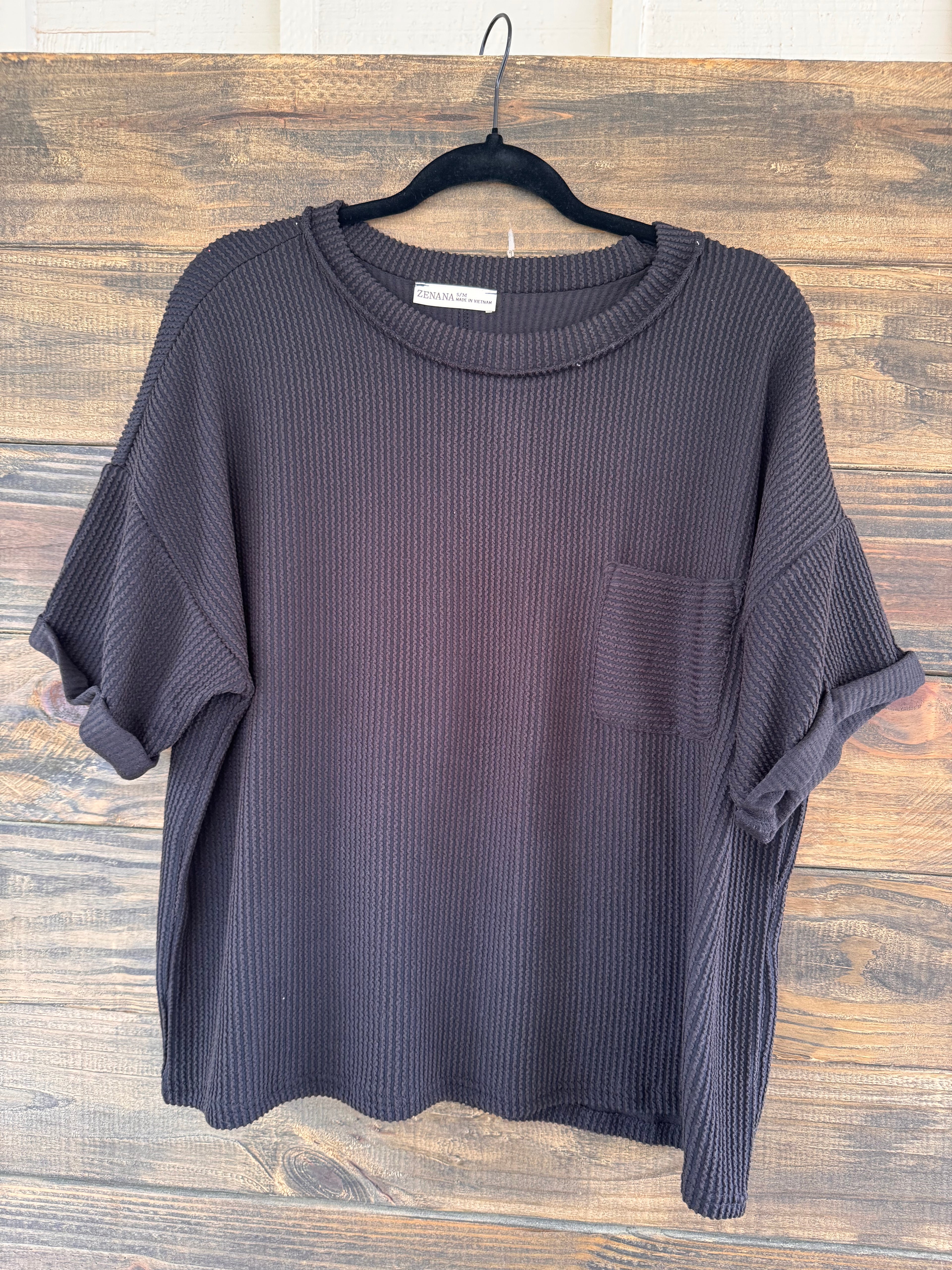 Black Ribbed Pocket Tee