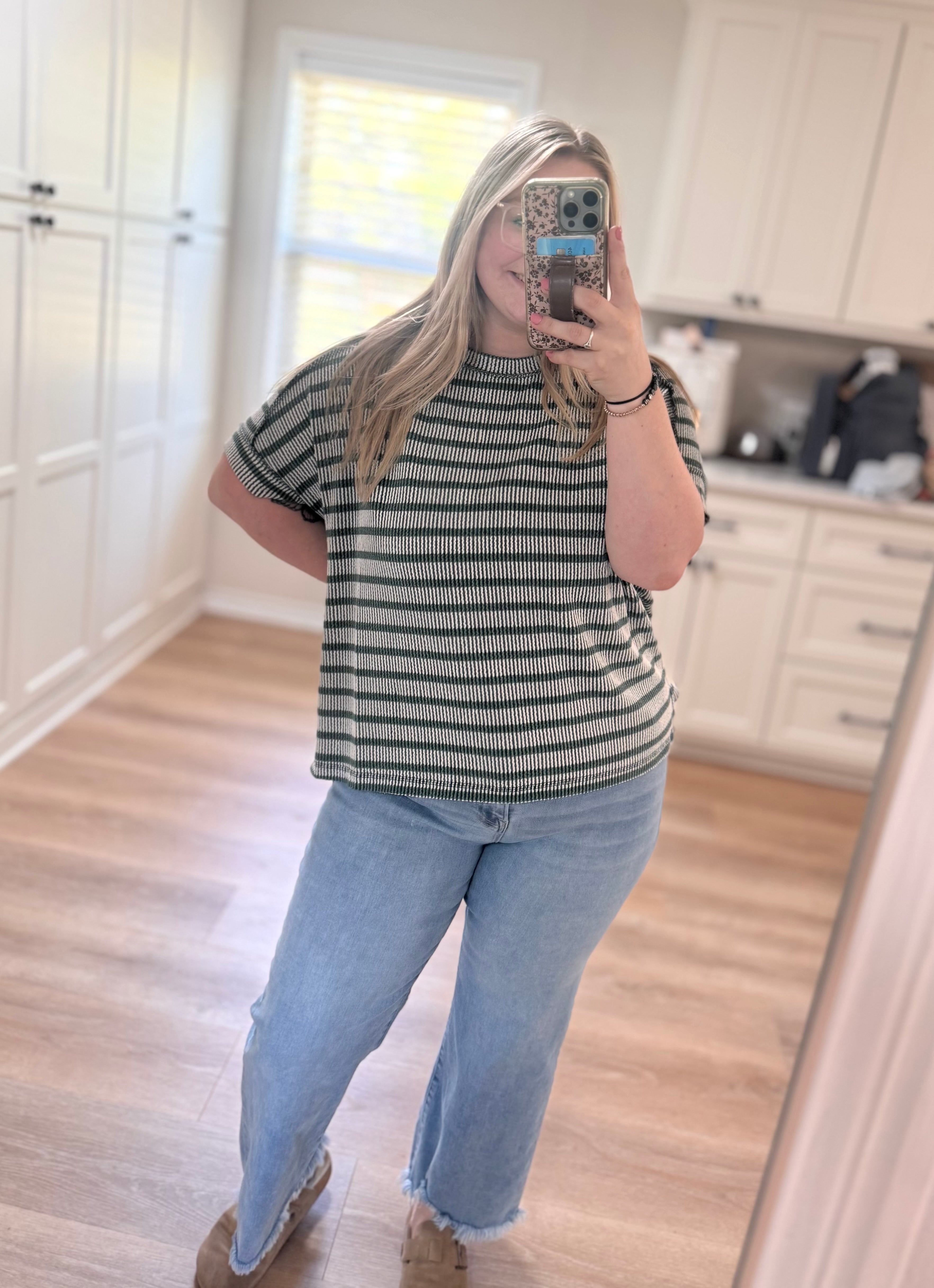 Harbor Stripe Ribbed Top in Hunter Green