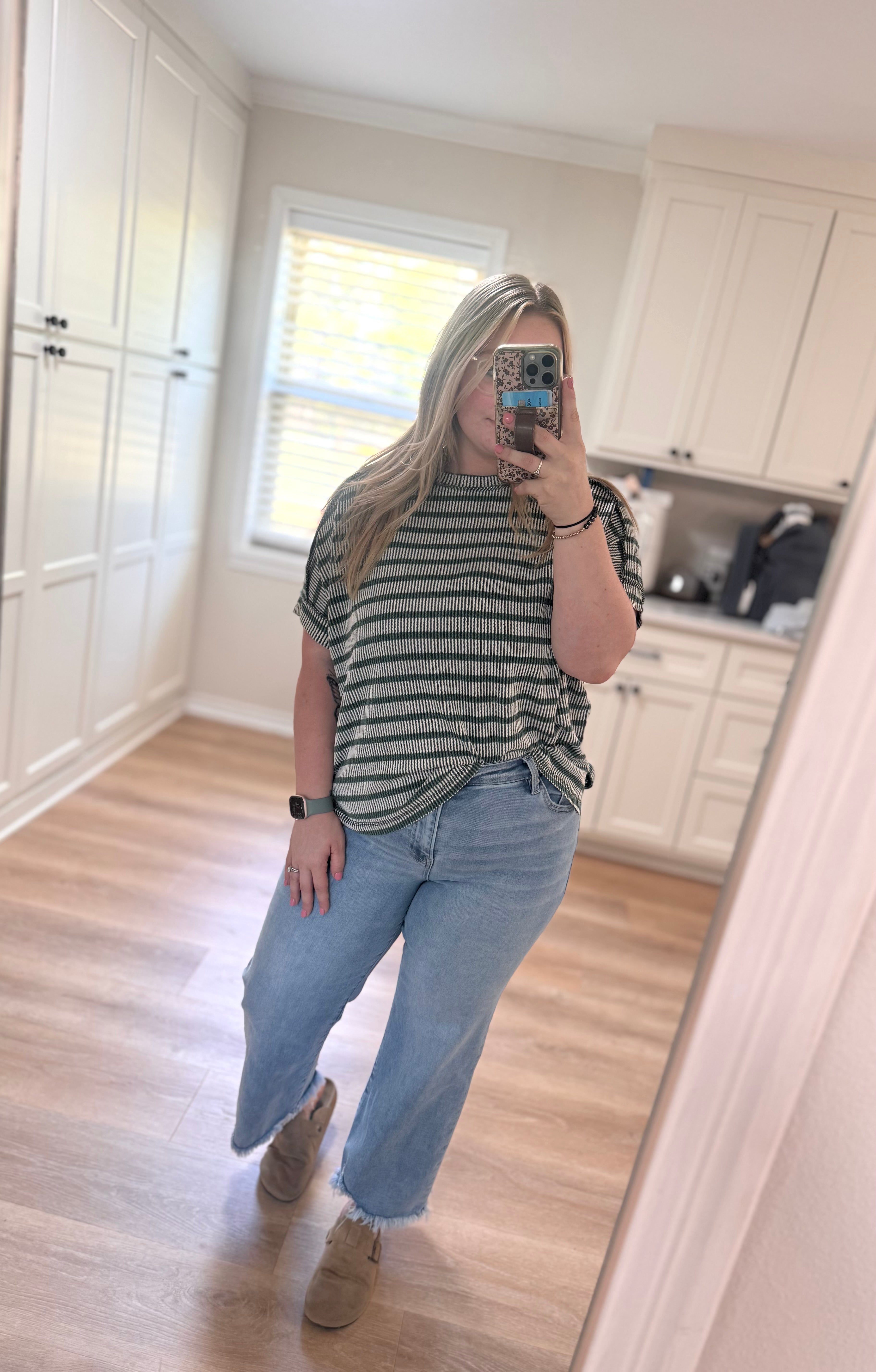 Harbor Stripe Ribbed Top in Hunter Green